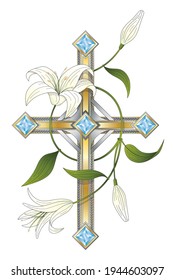 Sketch Of An American Traditional Old School Tattoo Christian Catholic Cross With White Lilies