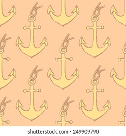 Sketch anchor with rope in vintage style, vector seamless pattern