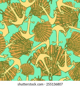 Sketch anchor and shells in vintage style, vector seamless pattern 