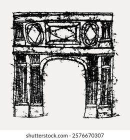 Sketch of an ancient arch, featuring detailed columns and ornate designs. The arch, with its classic style, evokes historical architecture and ancient artistry. Vintage art, isolated vector element.