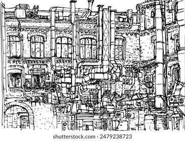 Sketch of an ancient manufactory, a view of part of the brick building from the courtyard, with modern equipment, ventilation systems, and fixtures placed on the walls