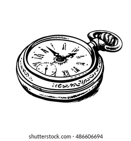 Sketch of ancient pocket watch. Black and white hand drawn vector illustration isolated on white background.