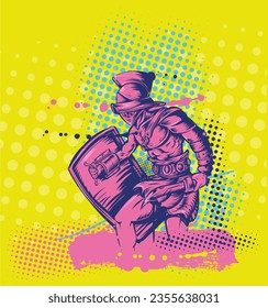 sketch of ancient roman gladiator soldier pop art style on yellow background