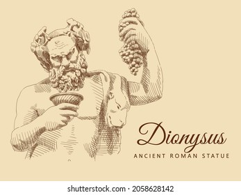 Sketch Of The Ancient Roman Statue 'Dionysus'. Bacchus, God Of Wine And Winemaking. Man Portrait With A Bowl And Grapes. Vintage Brown And Beige Card, Hand-drawn, Vector. Old Design. Line Graphics.