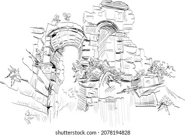 Sketch of the ancient ruin building-element in toile de jouy style