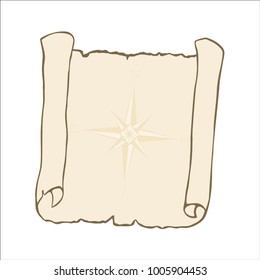 Sketch of ancient scroll, isolated on white. Wind rose, nautical compass on beige background. Empty sheet of parchment paper with place for your text. Hand drawn vector illustration. Square location.