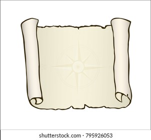 Sketch of ancient scroll, isolated on white. Wind rose, nautical compass on beige wavy background. Empty sheet of parchment paper with with place for your text. Hand drawn vector illustration.