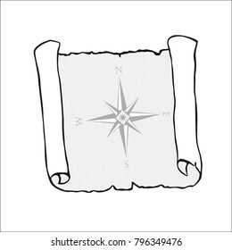 Sketch of ancient scroll, isolated on white. Wind rose, nautical compass on wavy background. Empty sheet of parchment paper with with place for your text. Hand drawn vector illustration.