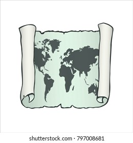 Sketch of ancient scroll. Sheet of parchment paper with world map on aquamarine background. Old papyrus paper.  Hand drawn vector illustration. Isolated on white backdrop. Square location.