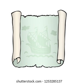 Sketch of ancient scroll with ship, isolated on white background. Sailboat floating on green waves. Empty sheet of parchment paper with place for your text. Hand drawn vector illustration. Square.