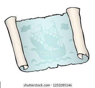 Sketch of ancient scroll with ship, isolated on white background. Sailboat floating on blue waves. Empty sheet of parchment paper with place for your text. Hand drawn vector illustration. Horizontal.