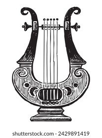 Dibujo de la lira antigua del instrumento musical de cuerda, dibujo de la mano del vector en blanco y negro aislado en blanco