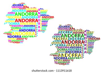 Sketch Andorra letter text map, Andorra - in the shape of the continent, Map of Principality of the Valleys of Andorra - color vector illustration