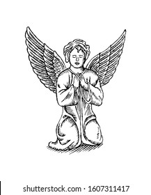 Sketch of Angel boy sculpture in engraved style. Hand drawn design vector illustration