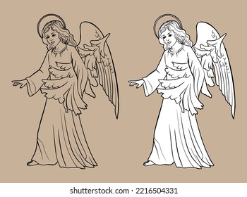sketch of an angel praying. Christmas Christian Christmas drawing with black lines isolated on white background and transparent background.  For coloring books and your design.