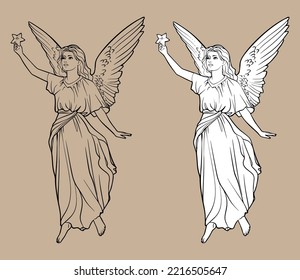 Sketch of an angel with a star. Christmas Christian Christmas drawing with black lines isolated on white background and transparent background.  For coloring books and your design.