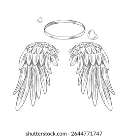 Sketch of angel wings and halo with small hearts around, hand drawn. For tattoos, illustrations, cards and design. Engraving. Vintage style. Vector illustration. Isolated background.