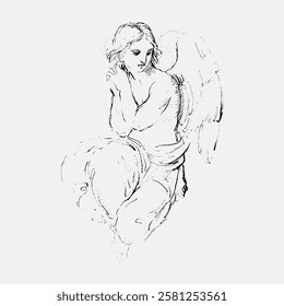 Sketch of an angel with wings, seated and contemplative. The angel, with flowing hair, exudes serenity. The sketch captures a serene, angelic presence. Vintage angel illustration isolated, vector.