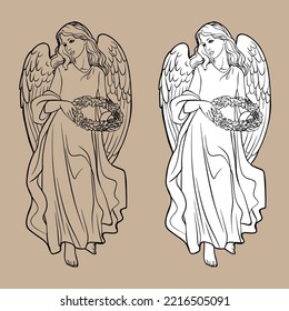 Sketch of an angel with a wreath. Christmas Christian Christmas drawing with black lines isolated on white background and transparent background.  For coloring books and your design.