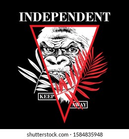 Sketch of a angry gorilla with a red exotic palm leaf. Independent. Keep away  - lettering quote. Emblem, Hand drawn style print. Vector illustration.