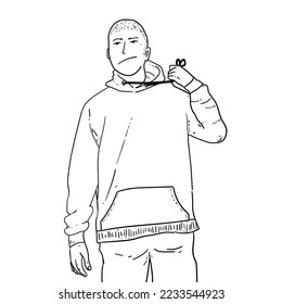 Sketch Angry Skinhead pull up his sweater laces isolated on white background vector modern illustrations