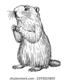 Sketch animal groundhog. Funny marmot stands on its hind legs. Hand drawn vector illustration in vintage style isolated on white background. For poster, banner, card. Groundhog Day.