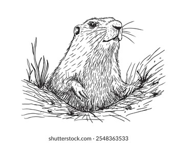 Sketch animal groundhog in the hole. Funny marmot crawled out of earthen hole. Vector illustration for poster, banner, card. Groundhog Day.