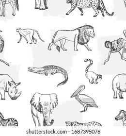 Sketch animal pattern. African, asian fauna background. Elephant and monkey, lion and crocodile vector seamless texture