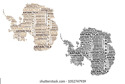 Sketch Antarctica letter text continent, Antarctic word - in the shape of the continent, Map of continent Antarctica - brown and black vector illustration