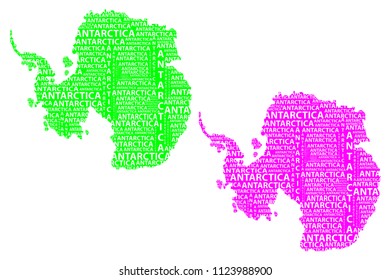 Sketch Antarctica letter text continent, Antarctic word - in the shape of the continent, Map of continent Antarctica - green and purple vector illustration