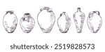 Sketch of antique different greek amphoras collection, clay pots for wine and water, hand drawing, vector illustration