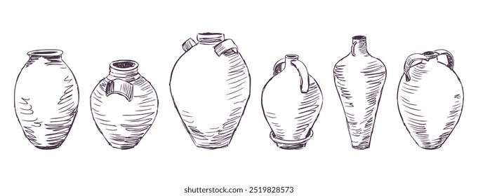 Esboço de coleção de ânforas gregas diferentes antigas, vasos de argila para vinho e água, desenho à mão, ilustração vetorial