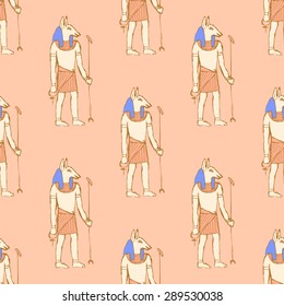 Sketch Anubis in vintage style, vector seamless pattern