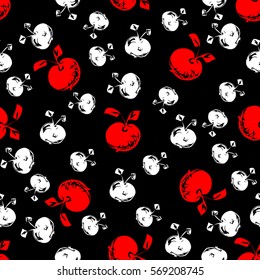 Sketch of an apple drawn by hand. Vector illustration. Red and white fruit on a black background.