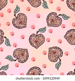 Sketch of an Apple in the form of a heart. Seamless pattern. Painted in watercolor style.