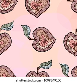 Sketch of an Apple in the form of a heart. Seamless pattern. Painted in watercolor style.