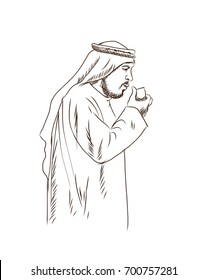 Sketch Of Arab Man Drinking Tea In Vector Illustration.