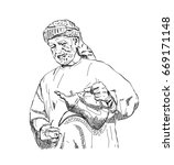 Sketch of Arabic man taking Arabic tea in vector.
