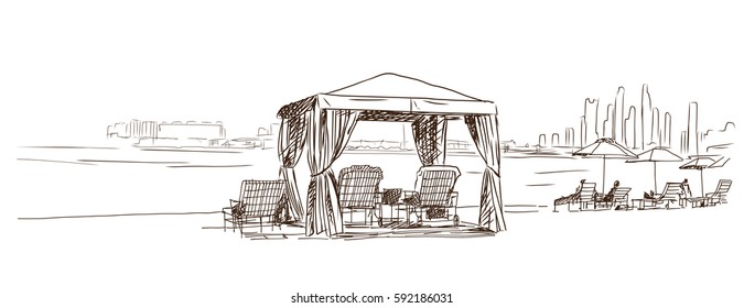 Sketch Of Arabic Tent On Beach. Vector Illustration.