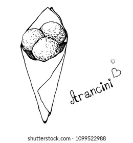 Sketch aranchini in a paper bag. Italian Cuisine. Vector illustration.