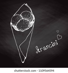 Sketch arancini in a paper bag on a chalkboard. Italian Cuisine. Vector illustration.