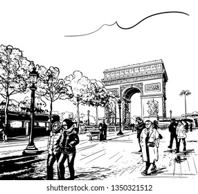 Dibujo del Arco del Triunfo en París, Francia, visto desde la Avenida de los Campos Elíseos con turistas y gente caminando, ilustración dibujada por la mano