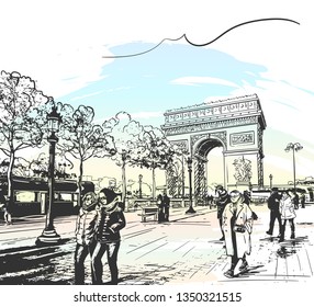 Sketch Of Arc De Triomphe In Paris, France, Seen From Avenue Des Champs-Elysees With Tourists And People Walk, Hand Drawn Illustration