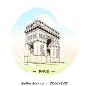 Sketch of Arc de Triomphe in Paris, France, Hand drawn illustration isolated on soft gradient background