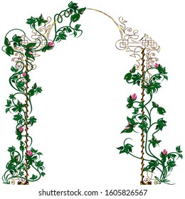Sketch, arch decorated with roses, vines and leaves