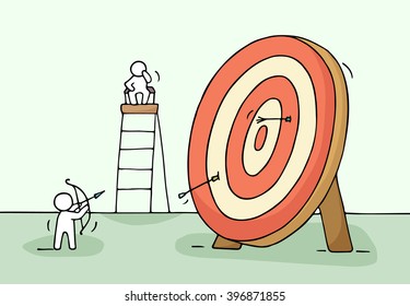 Sketch of archer and target with little people. Doodle cute miniature of circle target and preparing for target hit. Hand drawn cartoon vector illustration for business design.