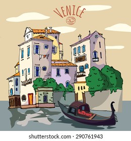 Sketch of architecture, houses, cartoon, Venice, pen vector illustration