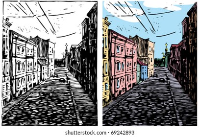 sketch of architecture and street with cars