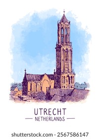 Sketch architecture. An urban colorful landscape of the panorama of Utrecht, Holland, Cathedral of St. Martin. Graphic illustration. Hand drawn postcard, poster. Freehand digital drawing. Vector