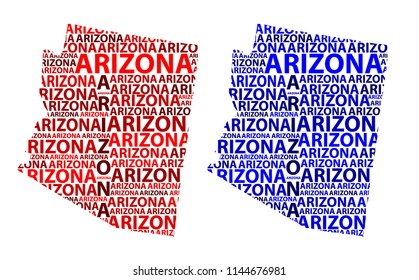 Sketch Arizona (United States of America) letter text map, Arizona map - in the shape of the continent, Map Arizona - red and blue vector illustration